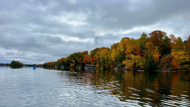 Long Lake in Michigan with autumn leaves on trees