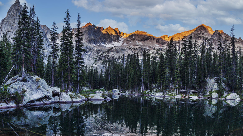 Mountains and trees reflecting on a lake in the Indian Peaks Wilderness.