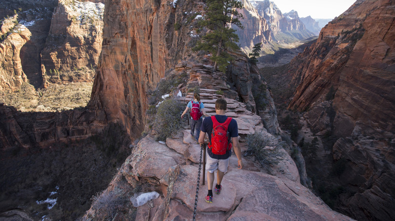 A man and woman wearing red backpacks hike Angels Landing, high above the red sandstone cliffs of Zion National Park