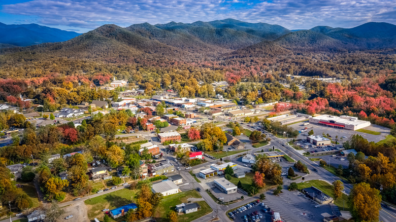 Aerial view of Asheville, North Carolina, in the fall