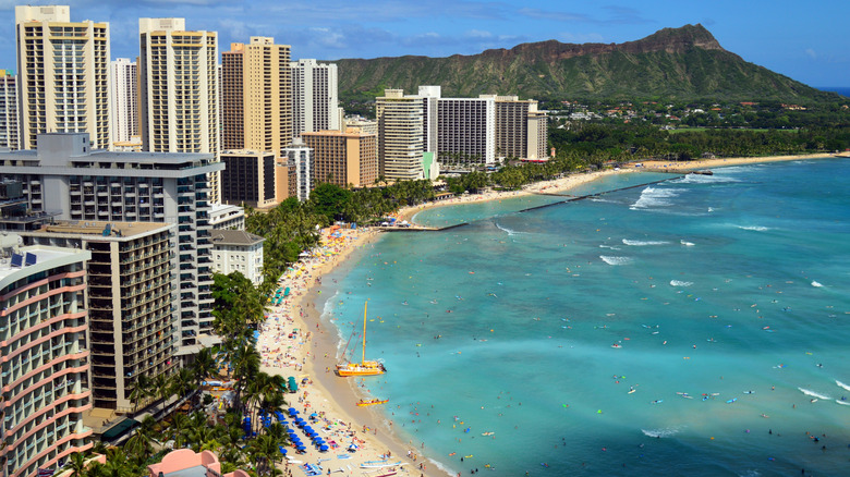 The coast of Waikiki Beach in Honolulu, Hawaii