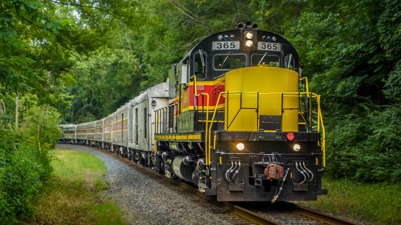 View of the old historic train at Cuyahoga Valley as it makes its way through the park