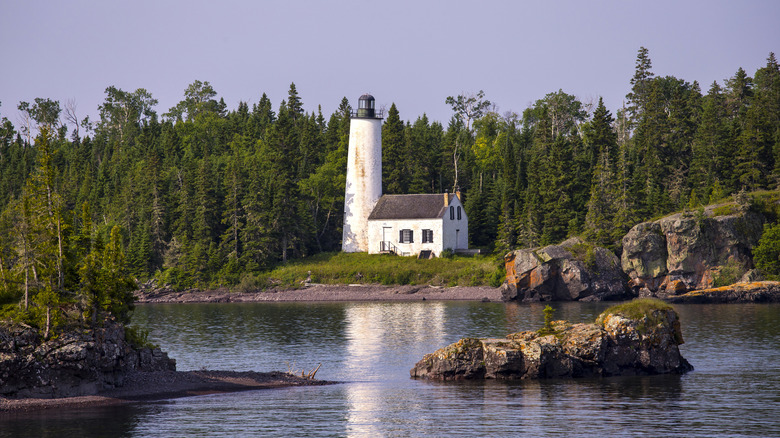 Rock Harbor Lighthouse, Isle Royale National Park, Michigan, viewed from across the water.