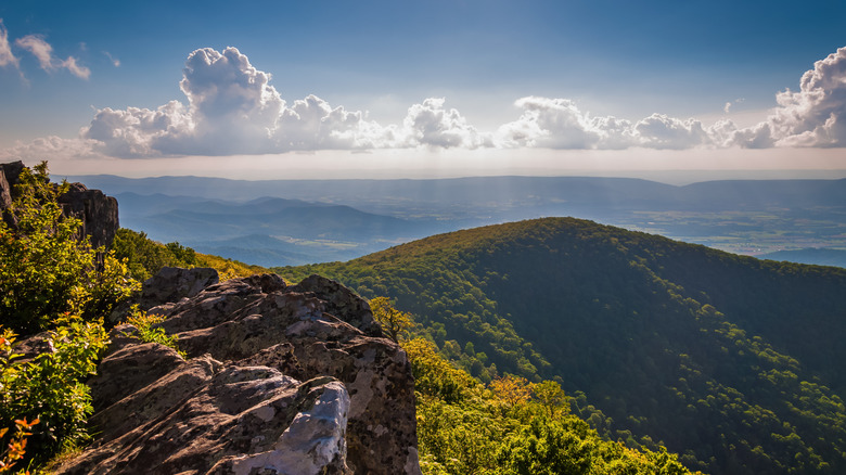 Evening view from cliffs on Hawksbill Summit, in Shenandoah National Park, Virginia.