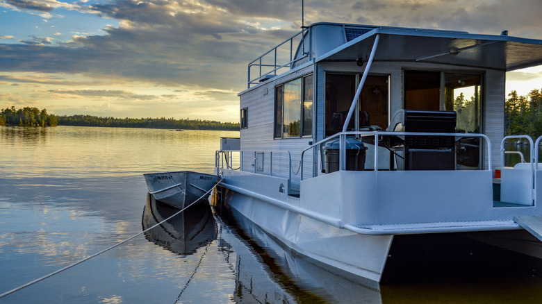 Sunset behind houseboat on lake in Voyageur's National Park in Northern Minnesota.