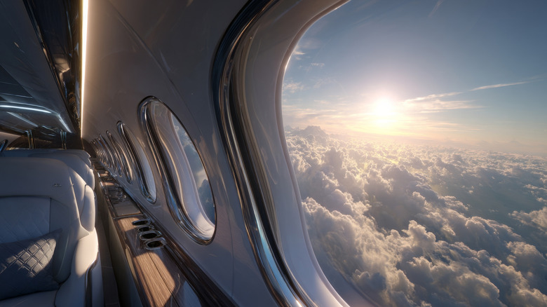 Commercial jet interior with a stunning view of the clouds and the sun through the window
