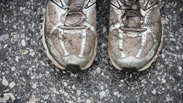 dirty sneakers sitting on pavement
