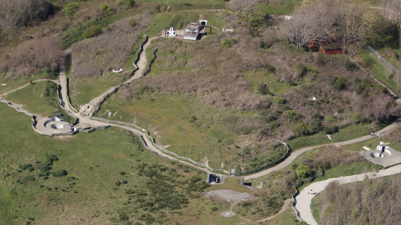 An aerial view of the paved trails connecting the old gun batteries and other buildings at Macaulay Point Park on Vancouver Island, Canada.