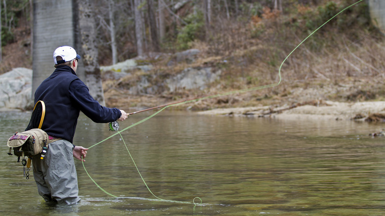 Fishing angler casting into the water