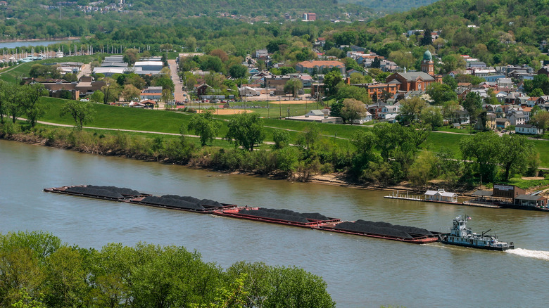 View of a barge on the Ohio River from Bellevue, Kentucky
