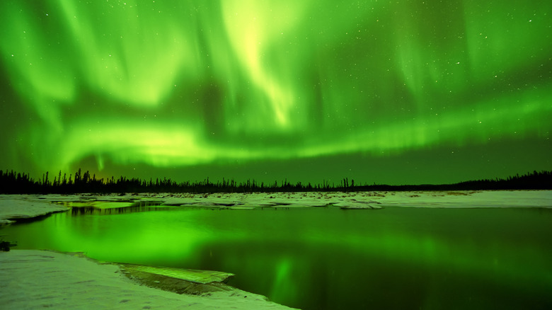 Green aurora borealis reflecting off lake Fairbanks Alaska