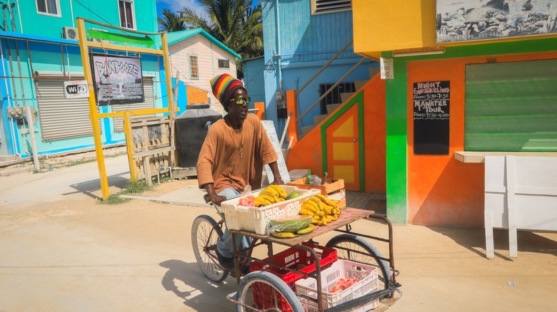 Caye Caulker, Belize - January 19, 2025: Man selling fresh fruit on a cart in Caye Caulker Belize during a sunny day