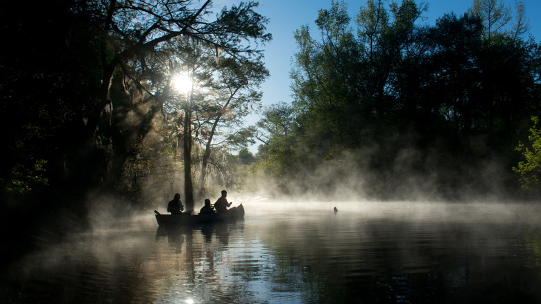 Three canoeists paddle on fog-shrouded Ebenezer Creek near Rincon, GA.