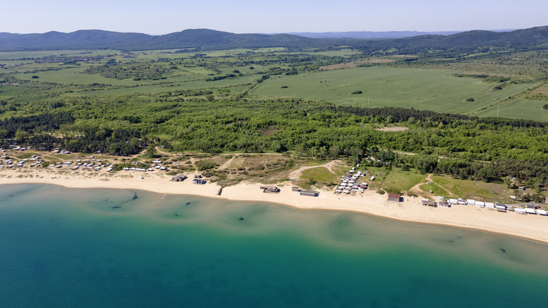 Aerial view of beach and dense forested area near Sozopol, Bulgaria