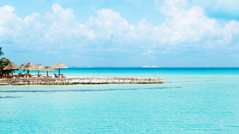 Sun loungers seen on Playa Norte Isla Mujeres Mexico