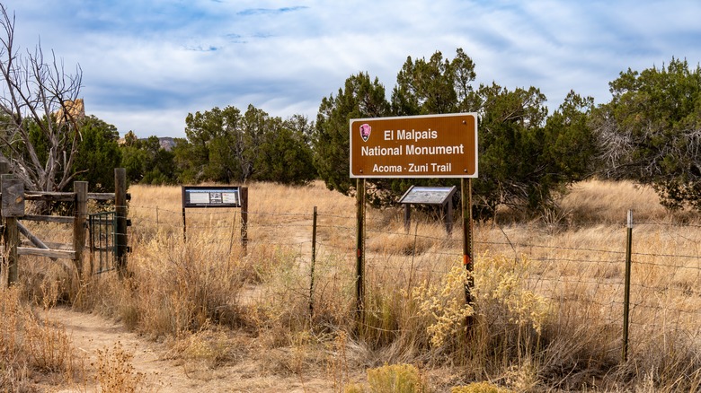 A trailhead surrounded by dry grass