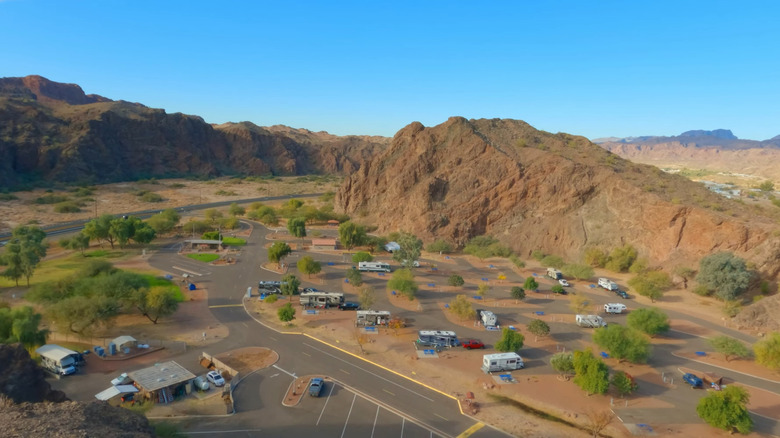 Campground surrounded by desert mountains in River Island State Park, Arizona