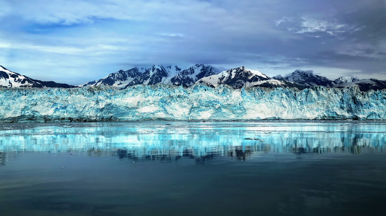 The icy blue Hubbard Glacier with snowy mountains behind it in Alaska