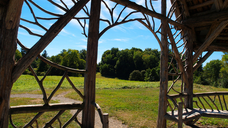 Inside wooden gazebo against blue sky