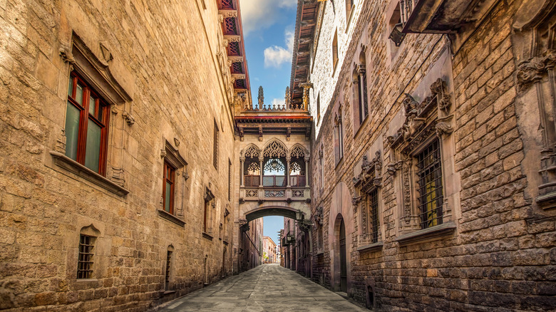 Barcelona's gothic Pont del Bisbe Bridge in the Gothic Quarter