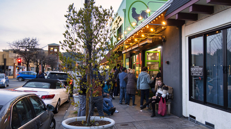 Crowds outside Sol Food restaurant in Downtown San Rafael, California