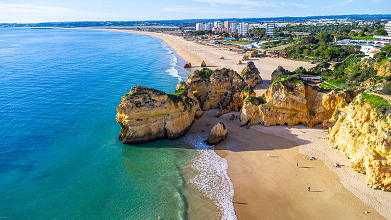 Aerial view of cliffs and Alvor, Portugal