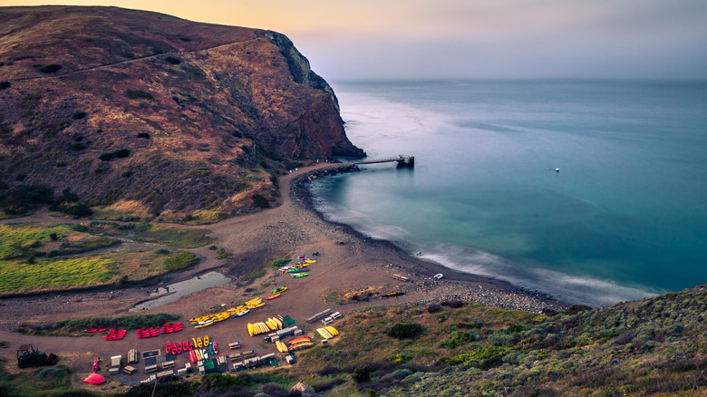 Kayaks on the beach at Scorpion Cove on Santa Cruz Island