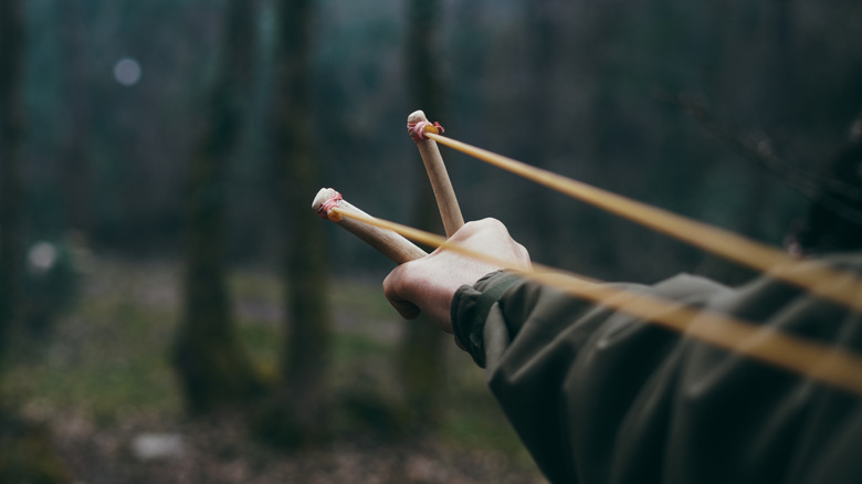 A hand pulls back the elastics on a homemade slingshot in the dark woods.