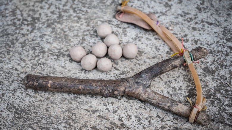 A camping slingshot made of a Y-shaped brand and a bungy cord.