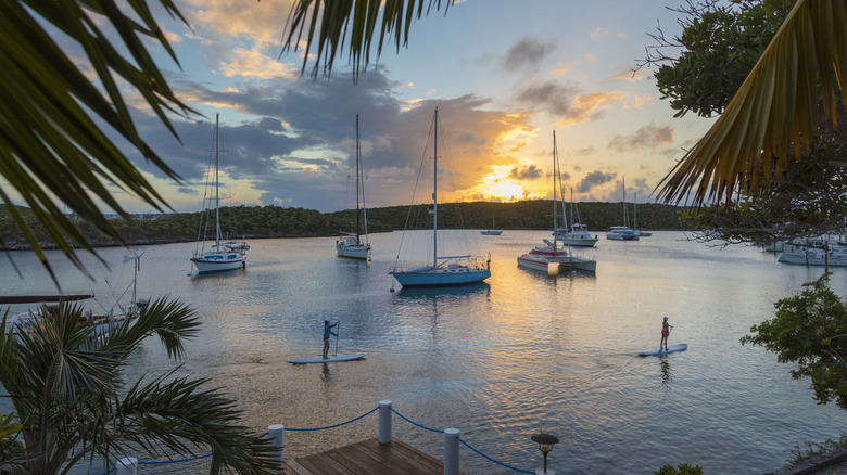 Boats moored in a harbor near Great Exuma, Bahamas