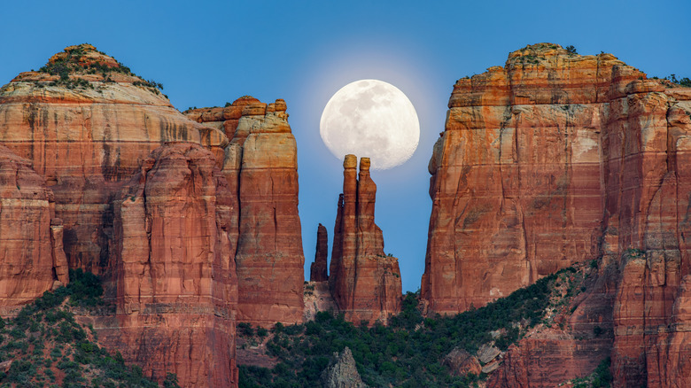 Moon over Cathedral Rock in Sedona, Arizona