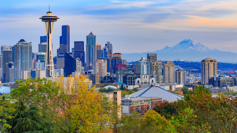 Seattle skyline with Space Needle and Mt. Rainier in background