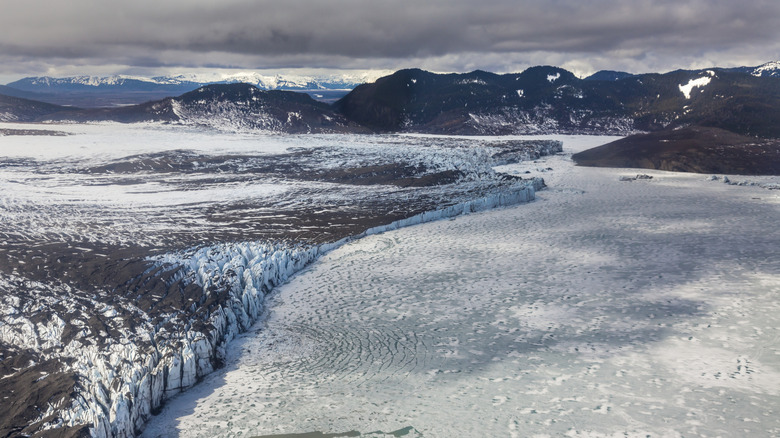 The Bering Glacier as it meets the sea in Alaska