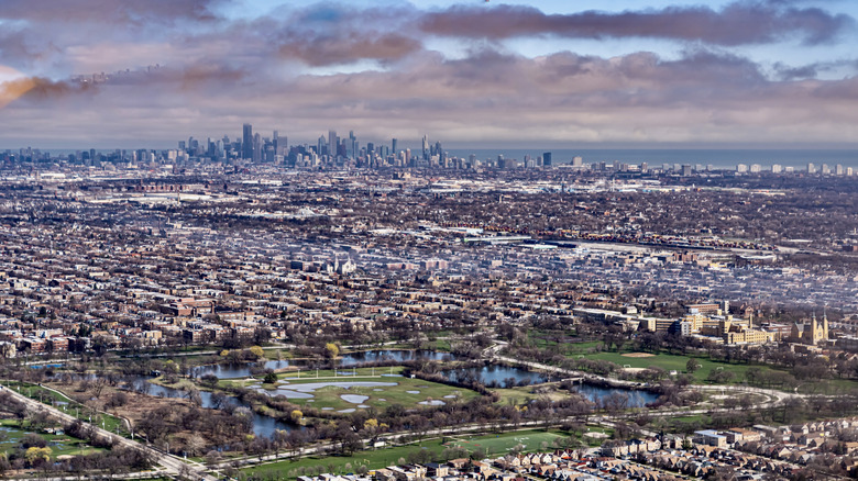 Aerial view of a Chicago, Illinois suburb and the city's stunning skyline.