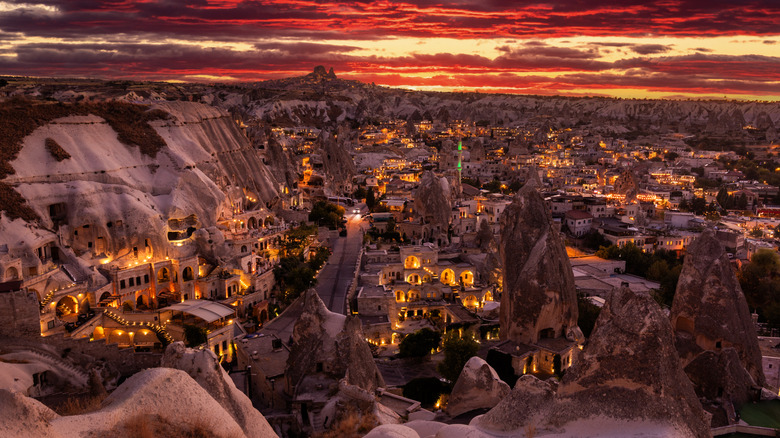 A crimson sunset over the rock formations of Cappadocia, Turkey