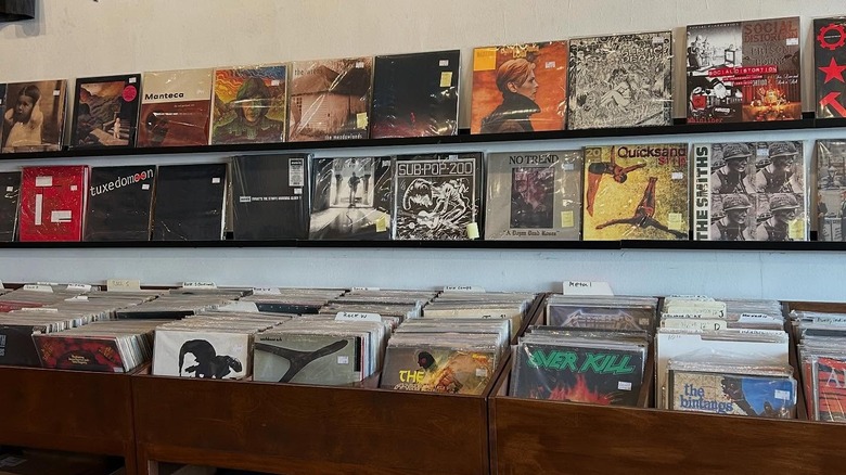The vinyl selection on the wall at Gimme Gimme Records