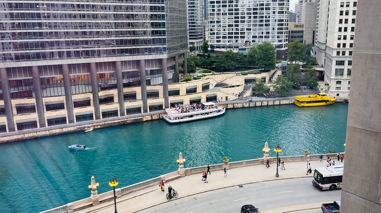 View of buildings, pedestrians, and river in River North