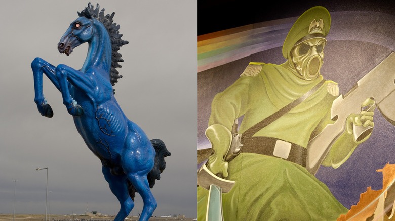 Mustang statue at Denver airport/Close up section of a mural at Denver airport
