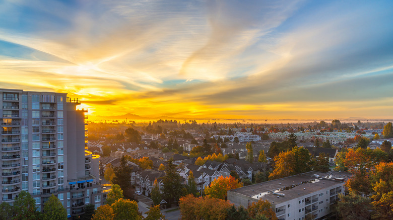 Aerial view of Richmond, BC, at sunset
