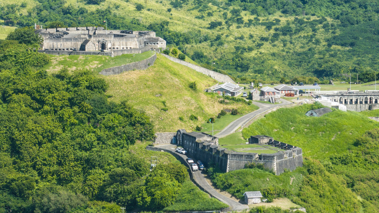 Wide view of Brimstone Hill Fortress and its several bastions, a national park on St. Kitts