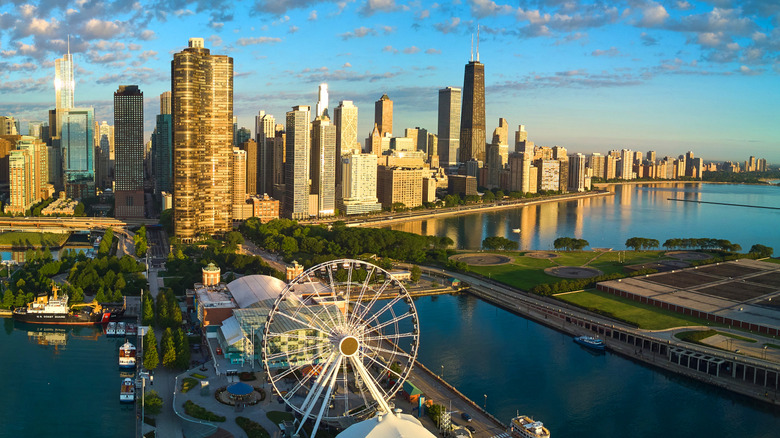 An aerial view of Navy Pier and the adjacent Addams Memorial Park in Chicago