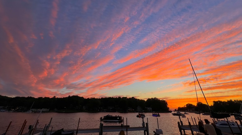 Sunset over harbor and marina in Pentwater, Michigan