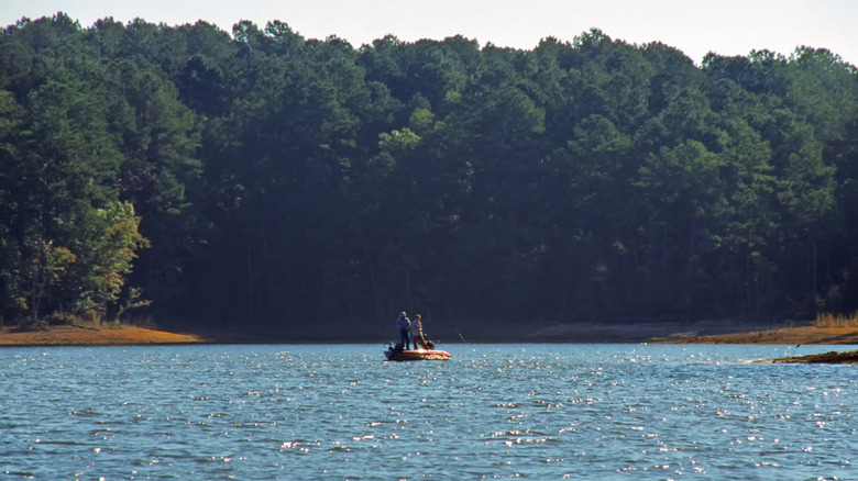 Fishermen stand on their boat in the middle of Lake Thurmond
