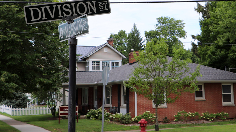 Historic homes on Division Street in Marshall on summer day.