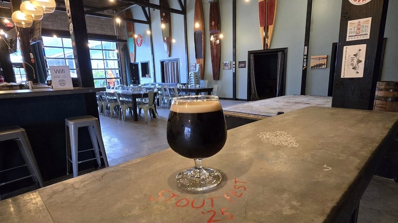 Stout beer on the bar at Paddle Stop Brewery in New Haven, Missouri.