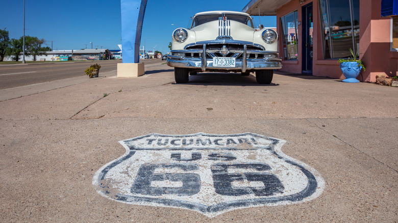 Tucumcari painted Route 66 marker on street in Tucumcari, New Mexico