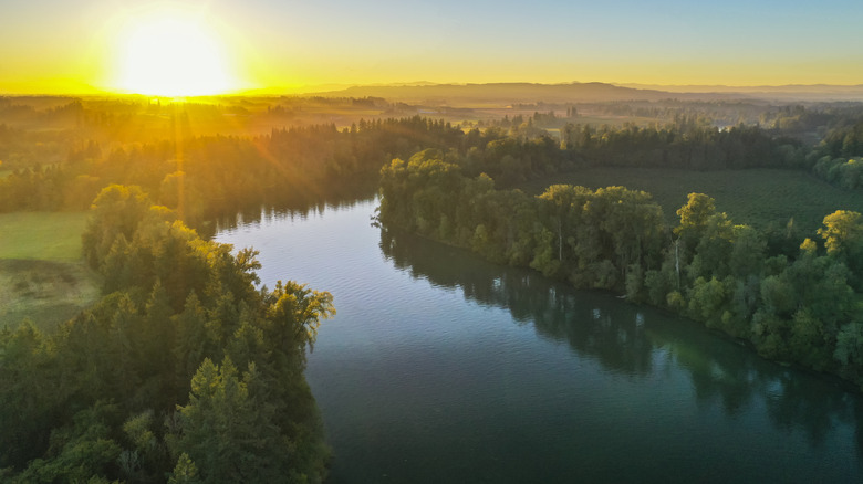 Aerial view of the Willamette River at Champoeg State Heritage Area