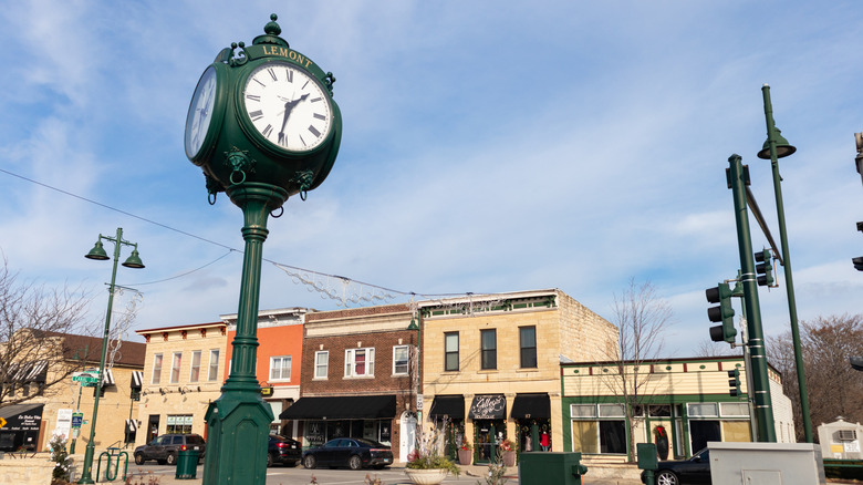 Old Clock in Downtown Lemont Illinois with Old Buildings