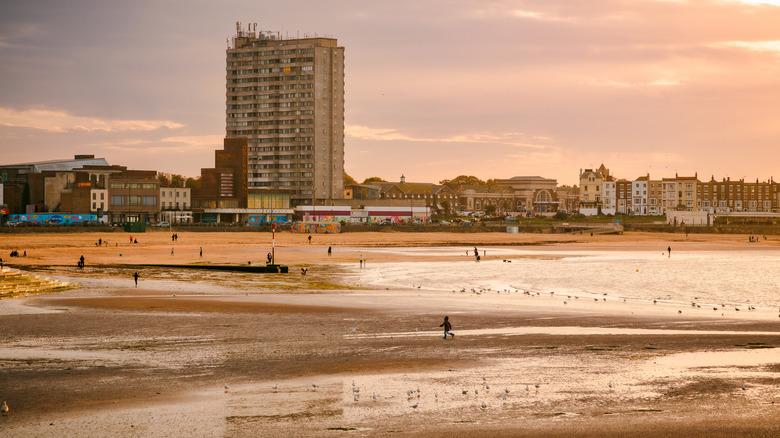 The seaside town of Margate, Kent, during sunset on the Southern English coast