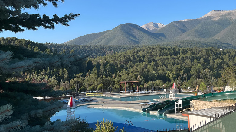 View of the pool and mountains from Mount Princeton Hot Springs Resort